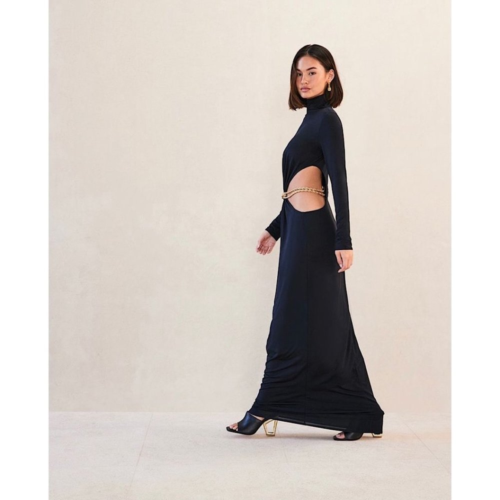NEW Cult Gaia Genevieve Gown Cutout Long Sleeve Maxi Dress Black Gold XS - Picture 3 of 13